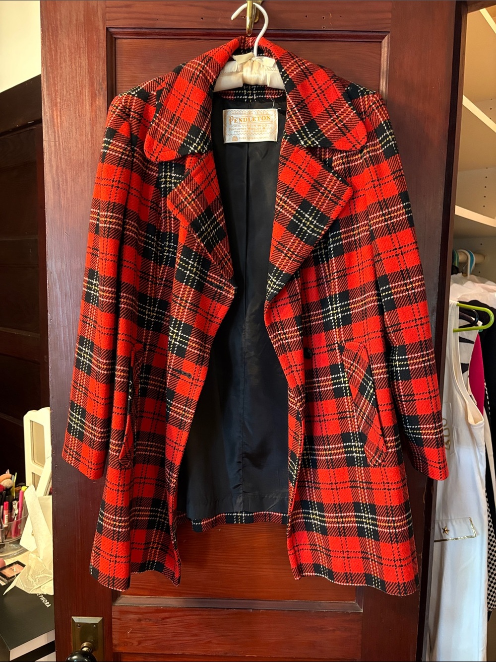 Pendleton Red and Black Plaid Wool Pea Coat